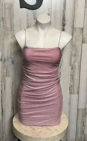Pink Glitter Ruched Bodycon Mini Dress Spaghetti Strap Party Club Size S thumbnail 1