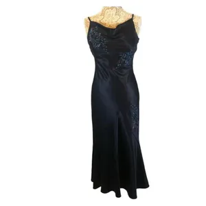 Y2K Alex Evenings navy beaded slip cowl neck floral satin formal Gown small thumbnail 4
