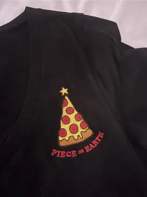 Hollister Black V-Neck Tee with Pizza Christmas Embroidery thumbnail 4