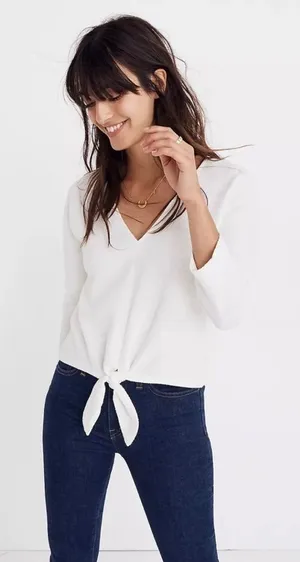 Madewell White V Neck Textured Tie Front Top thumbnail 1