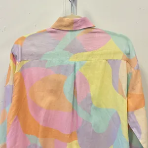 Peppermayo Pastel Abstract Swirl Linen Blend Button Down Shirt US 4 Pink Yellow thumbnail 5