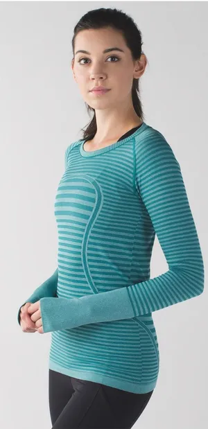 Lululemon Swiftly Tech Long Sleeve Crew Teal Blue Green Striped Running Top 4 thumbnail 1