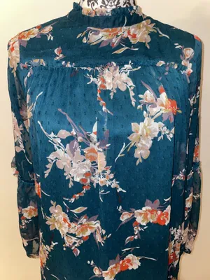 Japna Floral Boho Semi Sheer Mock Neck Bell Sleeve Peasant Dress Size Medium thumbnail 3