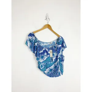 NWT RAMY Brook Milo Blue Printed Off The Shoulder Cropped Top Large Ruffle thumbnail 4