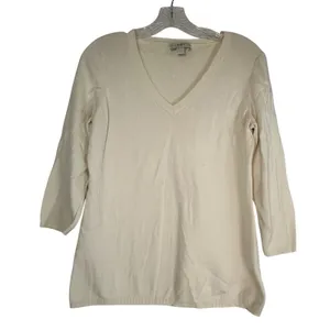 Ann Taylor Loft Womens Ivory 100% Pima Cotton V-Neck 3/4 Sleeve Sweater Large thumbnail 1