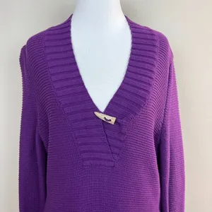 Lauren Ralph Lauren Sweater L Purple Toggle‎ Button Shawl V-Neck Knit Womens New thumbnail 2