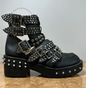 Jeffrey Campbell Starburst Studded Leather Buckle Lug Sole Boots 8.5 Goth Punk thumbnail 1