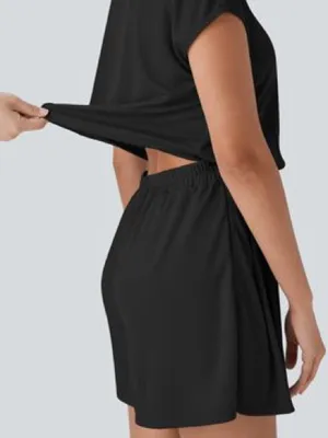 Halara V~Neck SS Pocket Waffle Weave Romper Easy Peezy SZ XL Black Pleated Short thumbnail 6