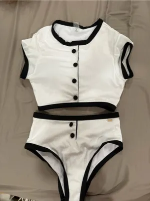 White & Black Contrast High-Waist Bikini Set thumbnail 2