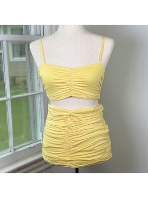 Butter Yellow Ruched Two Piece Set Small Crop Top Mini Skirt Going Out Party thumbnail 2