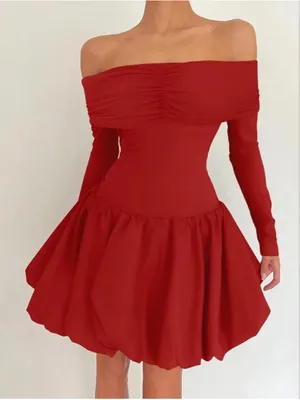 NEW Off Shoulder Mini Bubble Dress Long Sleeve Drop Waist S thumbnail 6