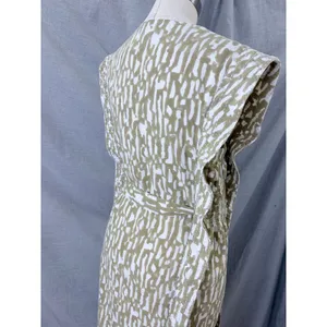 MIRTH‎ Olive Block Print Cotton Midi Dress Kantha Stitch Integrated Belt L thumbnail 9