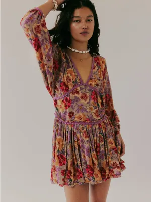 Free People Floral V-Neck Mini Dress in Lavender & Peach thumbnail 3