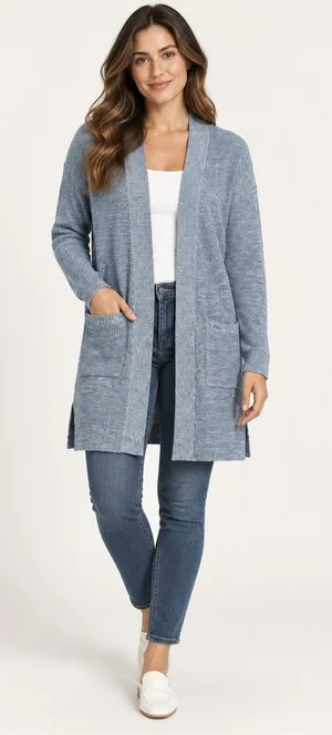 Linda Matthews Open Front Knit Cardigan Light Blue Large NWT Longline Pockets thumbnail 1