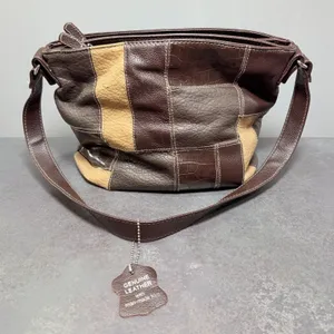 Patchwork Hobo Shoulder Bag Genuine Leather Brown Tan Small thumbnail 1