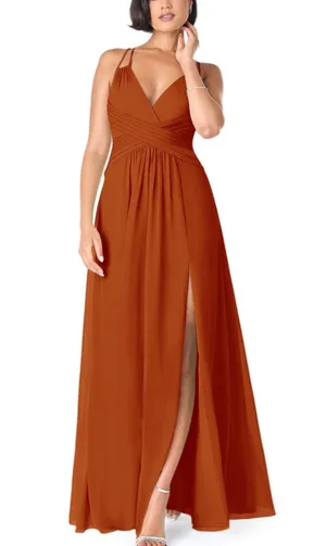 Azazie Paprika A line Pleated Chiffon Long Dress Farren Bridesmaid Formal Orange thumbnail 1