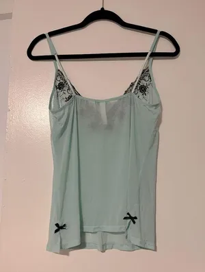 Vintage Sheer Mint Green Camisole Y2K Lingerie Top Black Floral Embroidery & Bow thumbnail 3