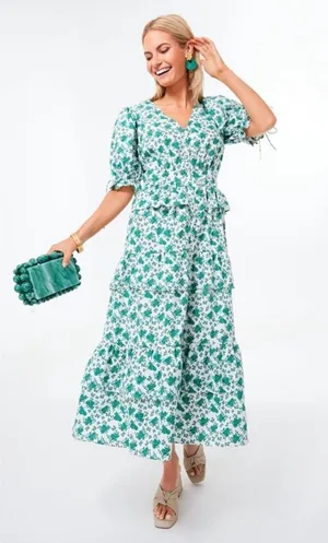 Tuckernuck Hyacinth House Irenea Midi Dress Green Floral Ruffle Puff Sleeve Lrg thumbnail 1