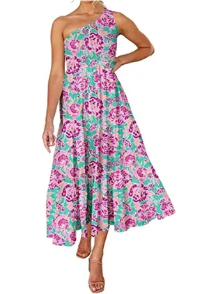 Zesica Bohemian Floral One Shoulder Smocked Tiered Ruffle Midi Dress Size XL thumbnail 1
