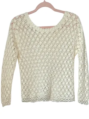 Cream Crochet Open Knit Sweater Long Sleeve Scoop Neck Top Size XS ~ NWOT thumbnail 3