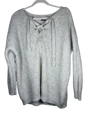 Aerie • Lace Up Oversized Knit Sweater Wool & Alpaca Blend Oatmeal Sz XL thumbnail 2