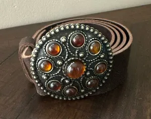 Women's Belt - BROWN‎ Leather - ORANGE STONES BUCKLE - Size 90/36 thumbnail 1