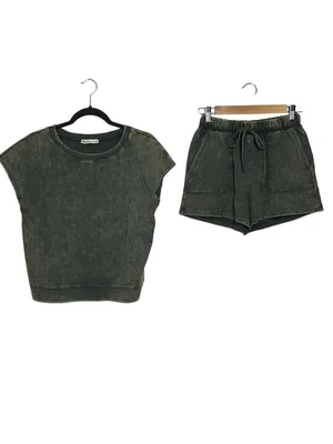 Zenana Acid Wash T-Shirt & Shorts Matching Set Small Dark Green Cotton Lounge thumbnail 2