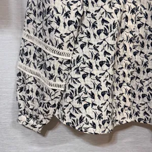 Haver + Blair London Navy Leaf Print Ruffle Neck Crochet Sleeve Blouse Medium thumbnail 4