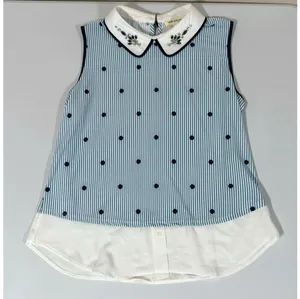 Faith and Joy Blue White Striped Polka Dot Dots Collared Sleeveless Layered Tank Top Shirt Blouse Size S 🩵✨ thumbnail 3