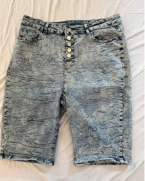 Acid‎ Wash Crinkle Denim Bermuda Shorts Light Blue Button Fly Plus Size 1XL thumbnail 1