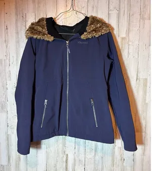 Women's Marmot Navy Blue Fur Hooded Jacket‎ Size Medium thumbnail 1