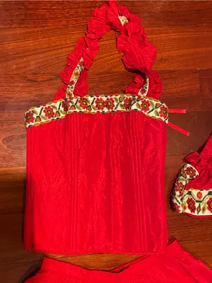 Women’s Red Two-Piece Skirt Mexican handmade Set Floral Trim, bag may fit Sz S/M thumbnail 3