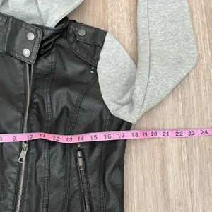 Last Kiss Y2K Black Leather Hybrid Gray Hooded Zip Moto Jacket Size Medium thumbnail 12