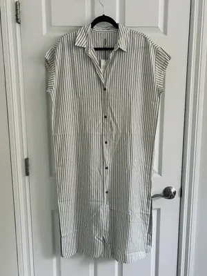 Calia Swim Coverup Dress Yucatan Stripe Ivory Linen Blend Button Down NWT Medium thumbnail 4