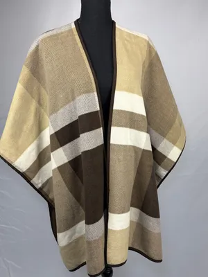 Plaid Open-Front Cape in Cream, Beige and Brown thumbnail 1
