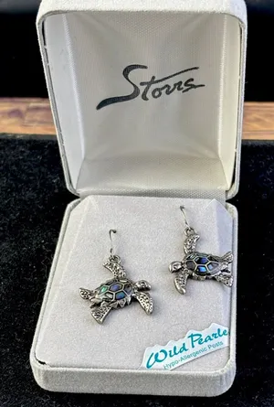 NEW Storrs Wild Pearle abalone Turtle Earrings Paua Shell . New in Box. thumbnail 1
