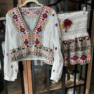 Zara Embroidered Set embellished beaded skirt top boho colorful long sleeve crop thumbnail 14