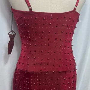 Elegant Red Beaded Dress bodycon party Valentines dark ruby spaghetti strap S thumbnail 4