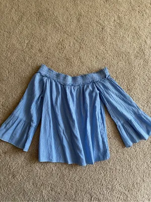 Lilly Pulitzer preppy summer blue pinstripes bell sleeve off the shoulder top xs thumbnail 7
