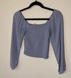 American Eagle Powder Blue Polka Dot Balloon Sleeve Smocked Crop Top Small thumbnail 1