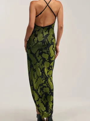 AKIRA Snakeskin Print sparkle gem luxury evening gown skit dress Medium thumbnail 6