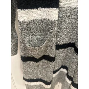 Mudpie Gray Striped Open Front Long Cardigan M/L Sweater Knit Pockets Winter thumbnail 2