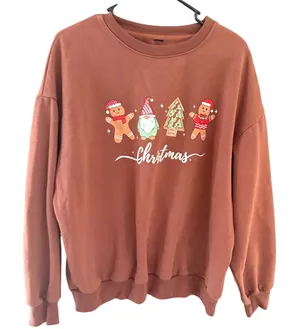 Christmas Graphic Sweatshirt Rust Gingerbread Gnome Holiday Pullover Womens L thumbnail 1