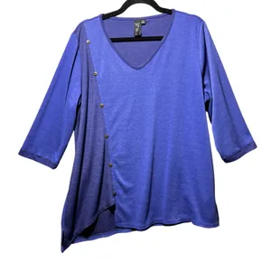 Focus Asymmetrical Button Accent‎ Top Blue Purple V Neck L Tunic 3/4 Sleeve thumbnail 1