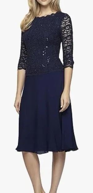 Alex Evenings Navy Blue Sequin Lace Chiffon Midi Special Occasion Dress Size‎ 6 thumbnail 1