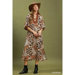 Umgee Abstract Print Midi Dress - Brown Mix - Large thumbnail 5