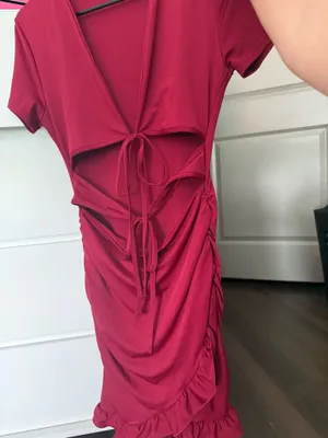 Red front tie ruched mini dress Size M thumbnail 2
