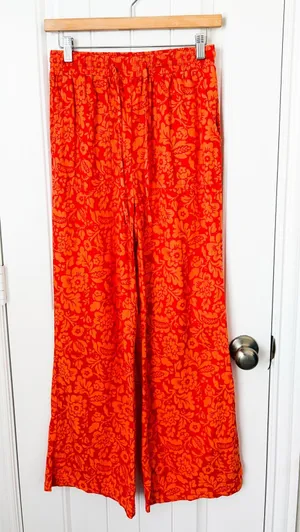 Tropical Floral Print Orange Linen Blend Wide Leg Pants Size Small thumbnail 1
