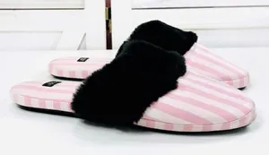 Victoria's Secret Faux Fur Trim Striped Slippers Pink Black‎ Large thumbnail 1