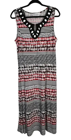 Chelsea Suite Red Black White Geometric Striped Sleeveless Midi Dress - Size 14 thumbnail 1